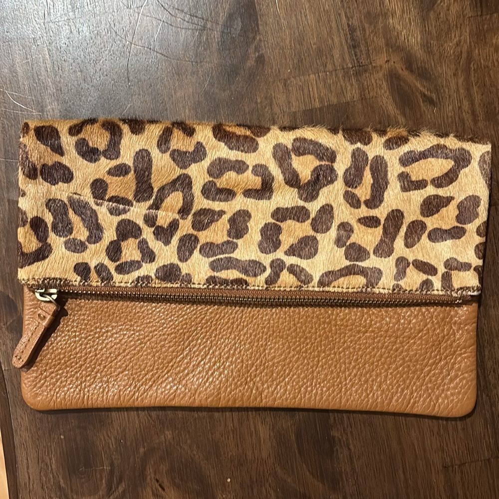 Leopard calf hair and leather fold over clutch
